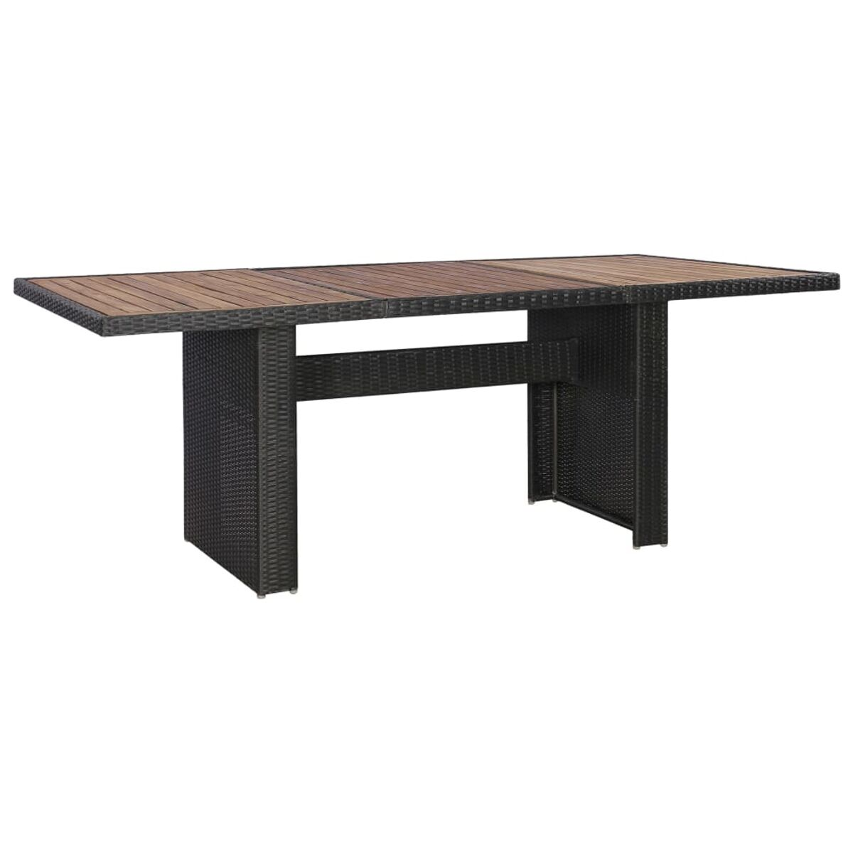 Ein brauner rechteckiger Tisch mit schwarzem gewebtem Untergestell. Die Oberseite hat Holzlatten.