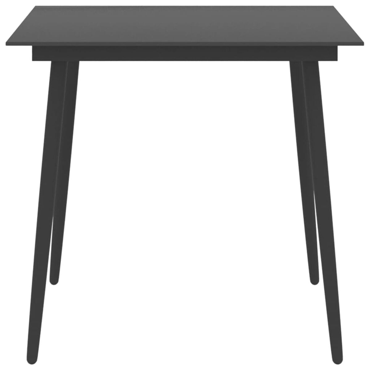 Ein dunkelgrauer quadratischer Tisch mit dünnen, angewinkelten Beinen. Der Hintergrund ist weiß.