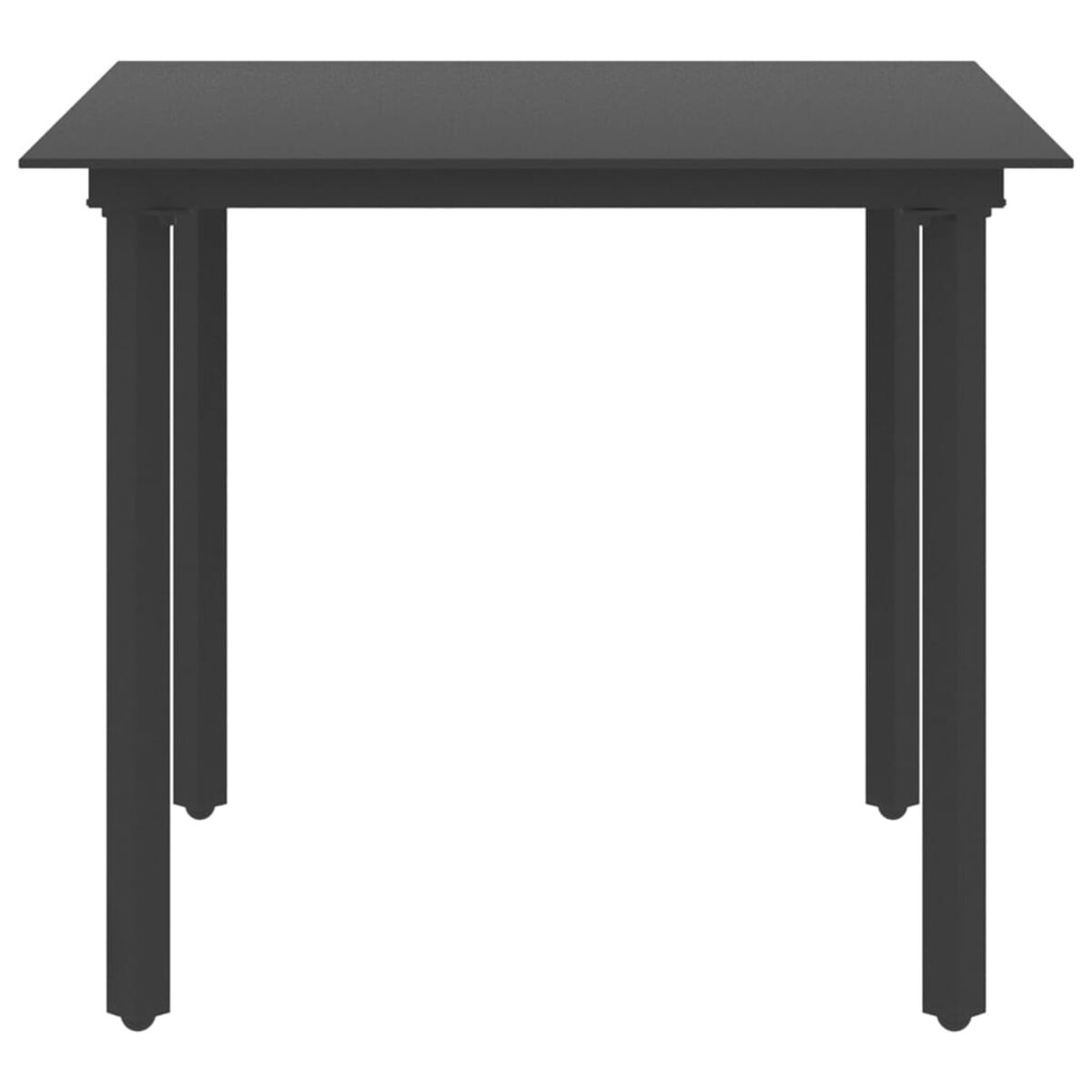 Schwarzer quadratischer Tisch mit schwarzen Beinen, weißer Hintergrund. Schlichtes Design, minimalistischer Stil.