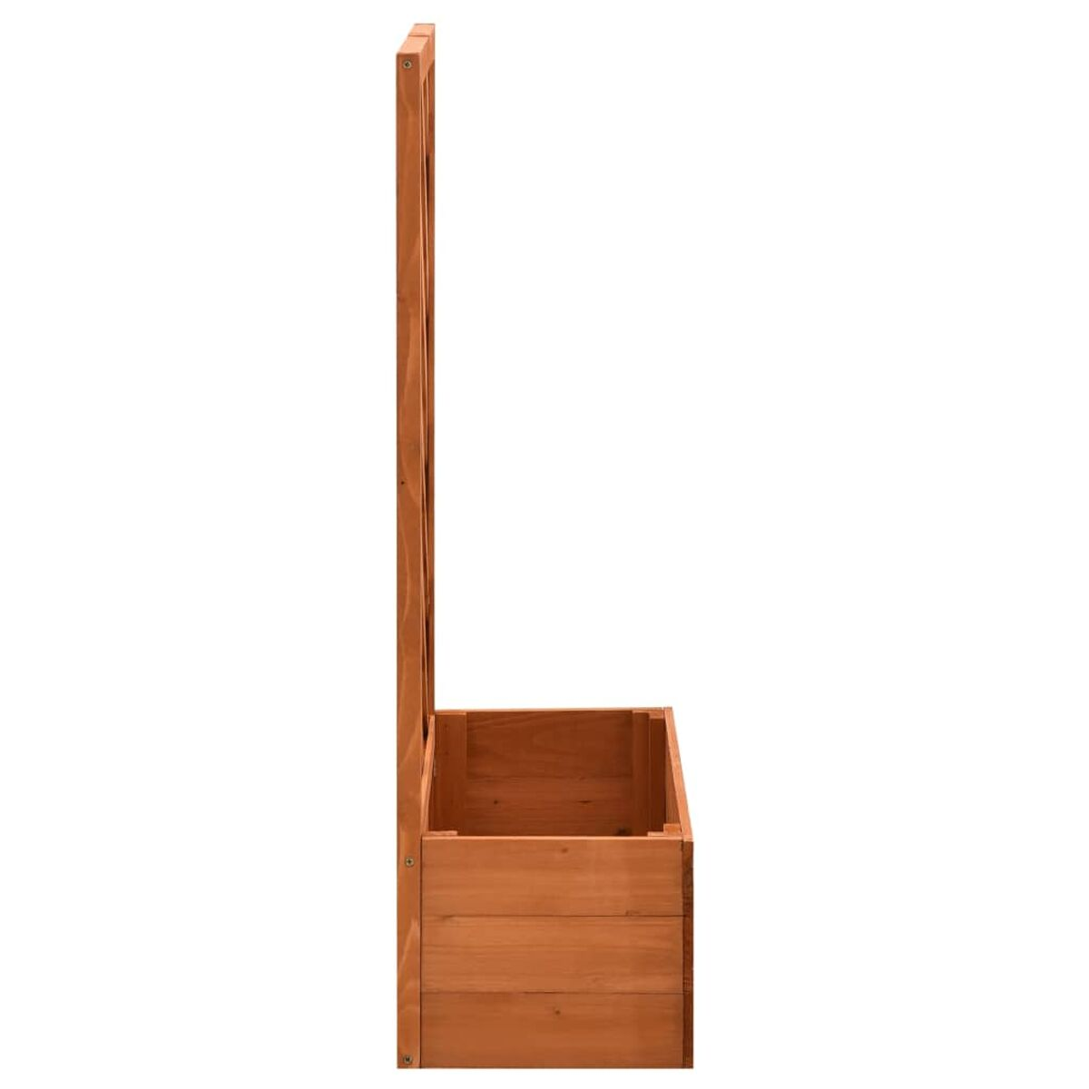 Pflanzkasten aus Holz, offene Oberseite, hoher Rücken. Hellbraune Farbe.