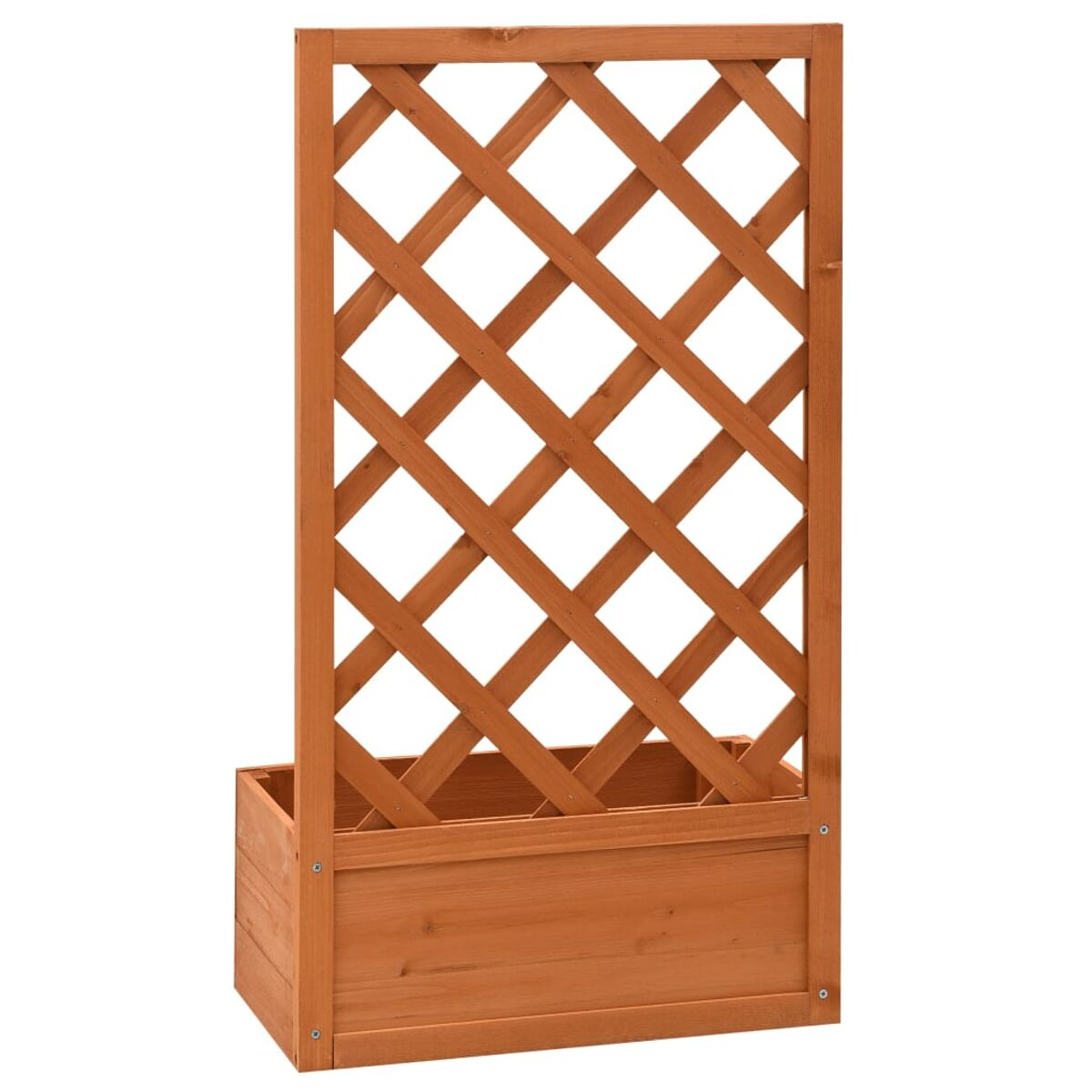 Holzspalier mit Pflanzkasten. Das Spalier ist braun und hat ein Rautenmuster.