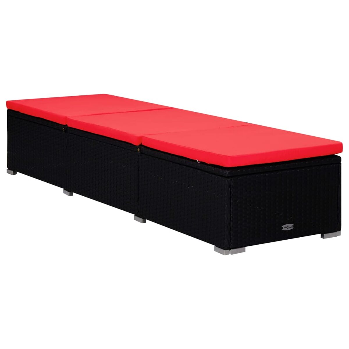 Eine schwarze und rote Outdoor-Lounge. Die Sitzgelegenheit hat rote Kissen.