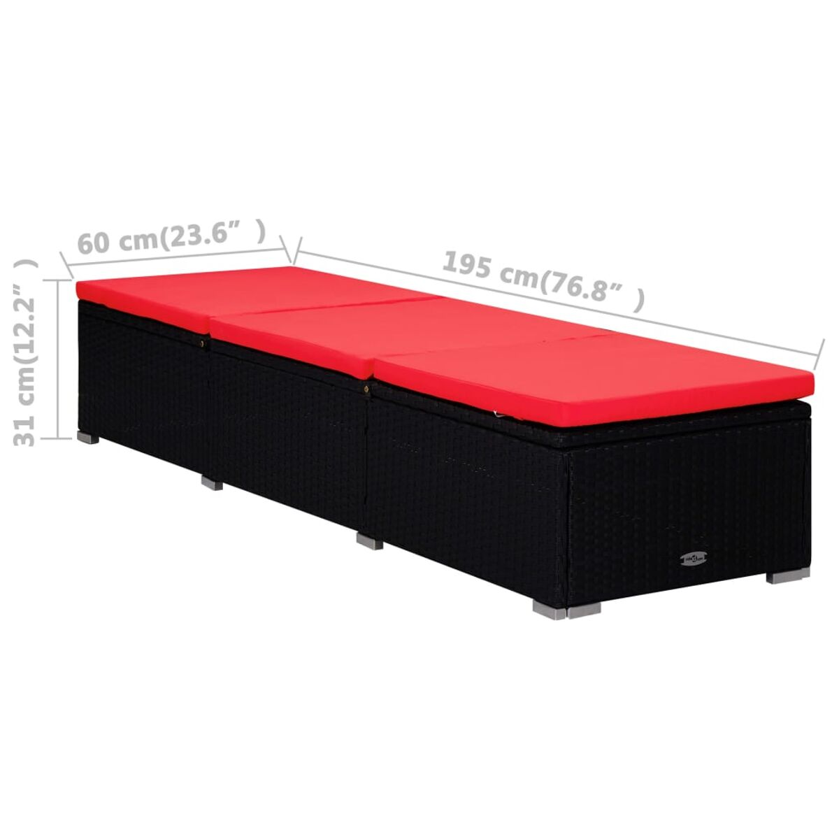 Schwarzes und rotes Wicker-Sonnenbett mit roten Kissen. Abmessungen sind in Zentimetern angegeben.