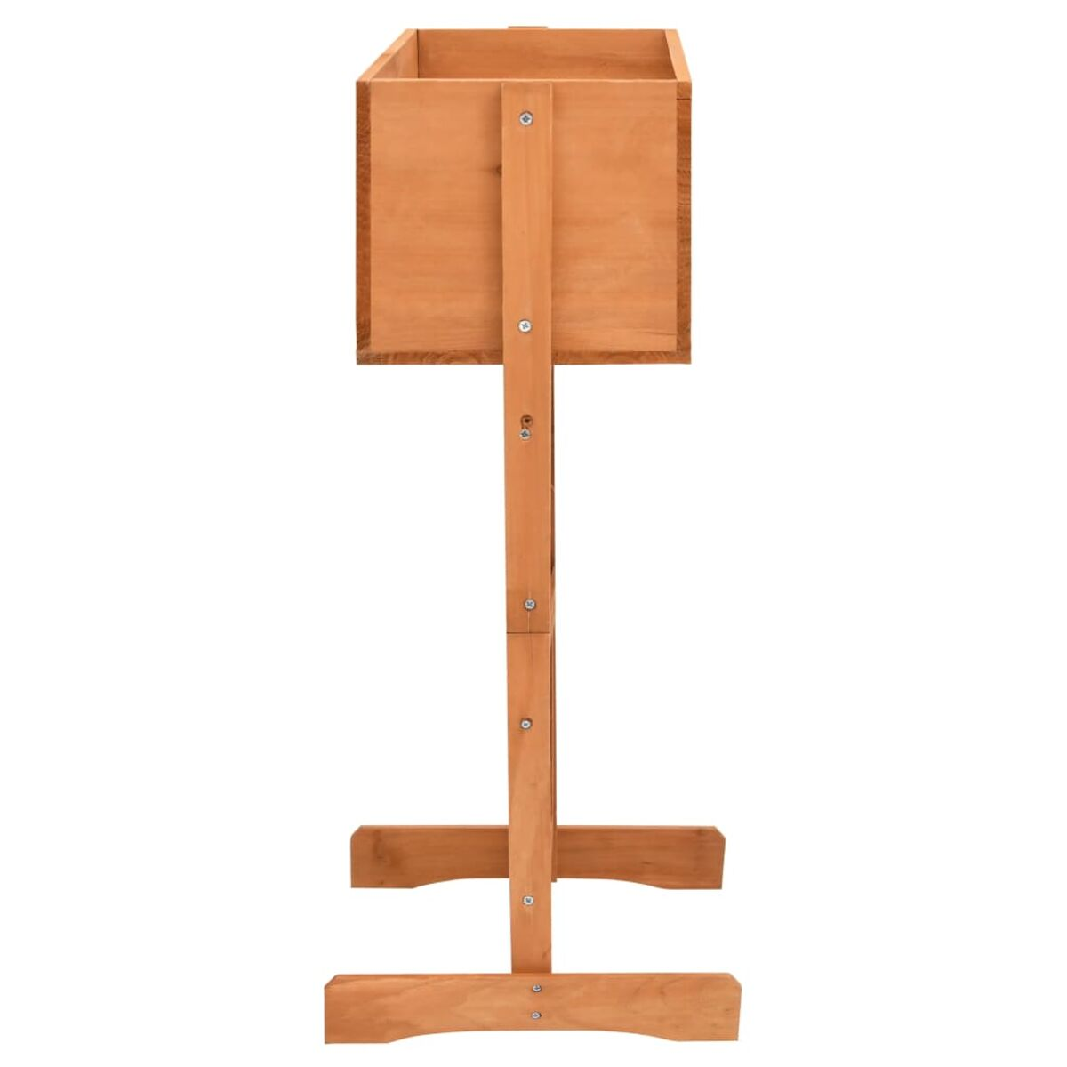 Pflanzenständer aus Holz mit quadratischem Pflanzkasten, vor weißem Hintergrund.