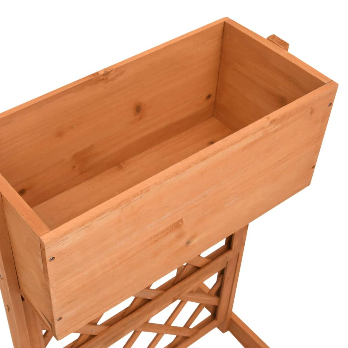 Ein rechteckiger Pflanzkasten aus Holz auf Gitterbasis. Helle Holzfarbe.
