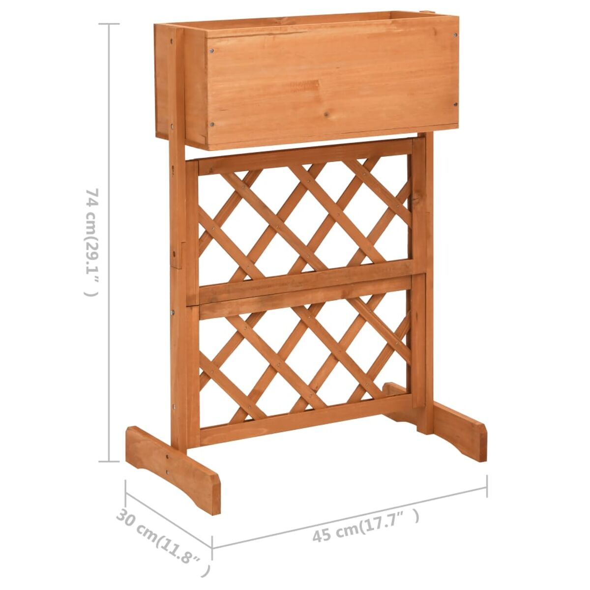 Holzpflanzgefäß mit Gitterdesign. Es ist eine zweistufige Struktur mit Abmessungen.