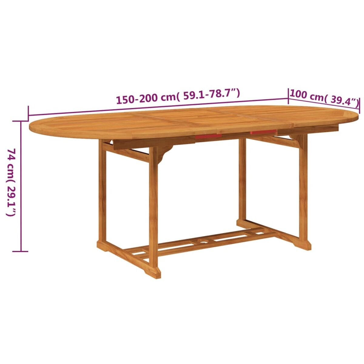 Ovaler, ausziehbarer Holztisch, Maße angegeben.