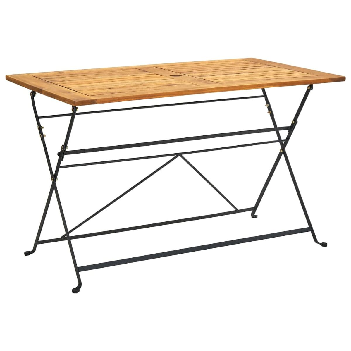 Ein rechteckiger Holztisch mit schwarzem Metallgestell. Er hat ein Loch in der Mitte.