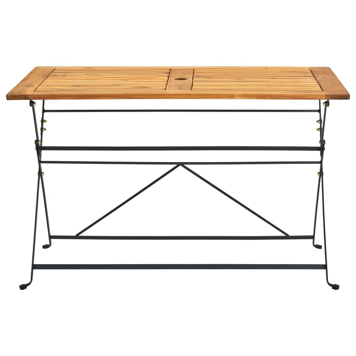 Holztisch mit hellbrauner Platte. Schwarze Metallbeine. Weißer Hintergrund.