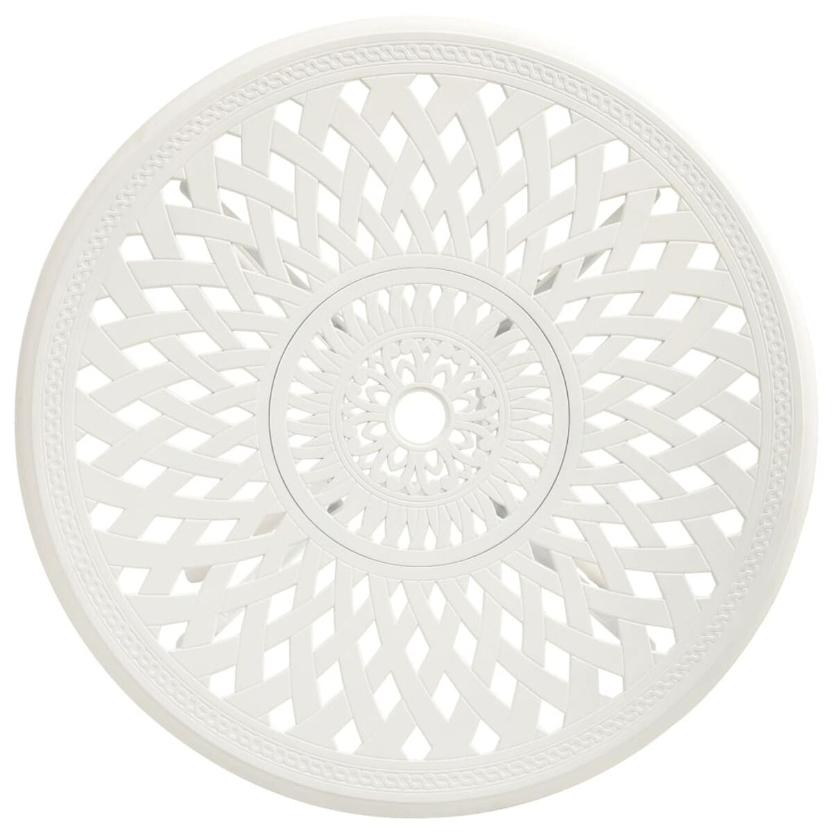 Ein weißer, runder Gartentisch mit einem dekorativen Muster. Das Muster ist ein gewebtes Design.