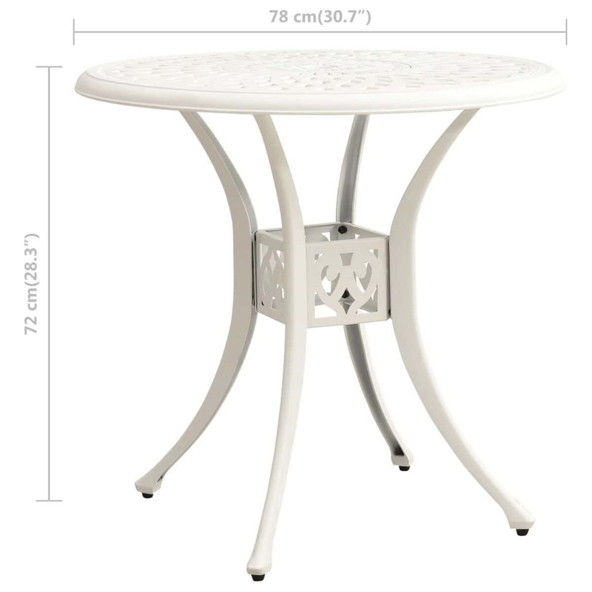 Ein weißer Outdoor-Tisch mit rundem Oberteil und gebogenen Beinen, vor weißem Hintergrund.