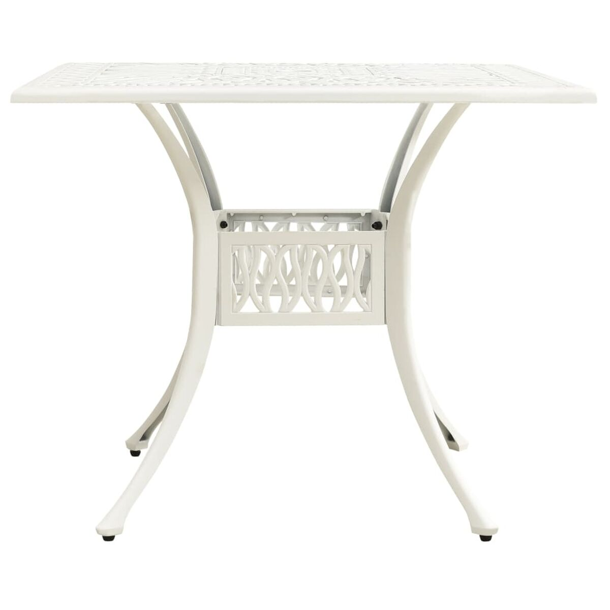 Weißer quadratischer Tisch mit Zierdesign oben und gebogenen Beinen.