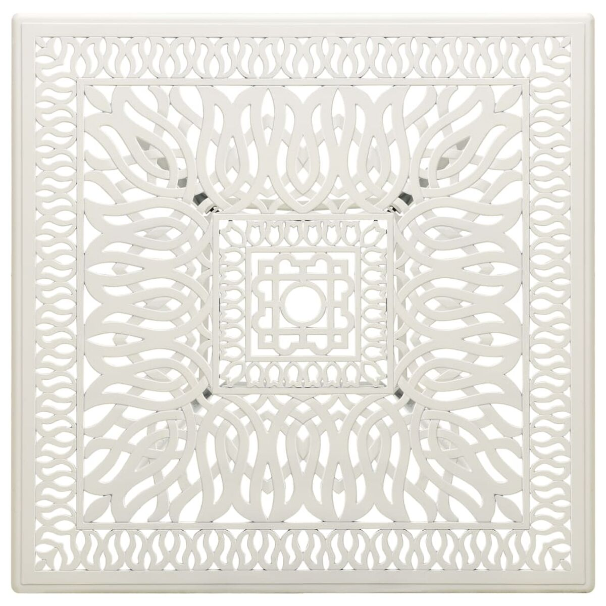 Eine weiße quadratische Tischplatte mit einem detaillierten, verzierten Muster. Das Design ist symmetrisch.