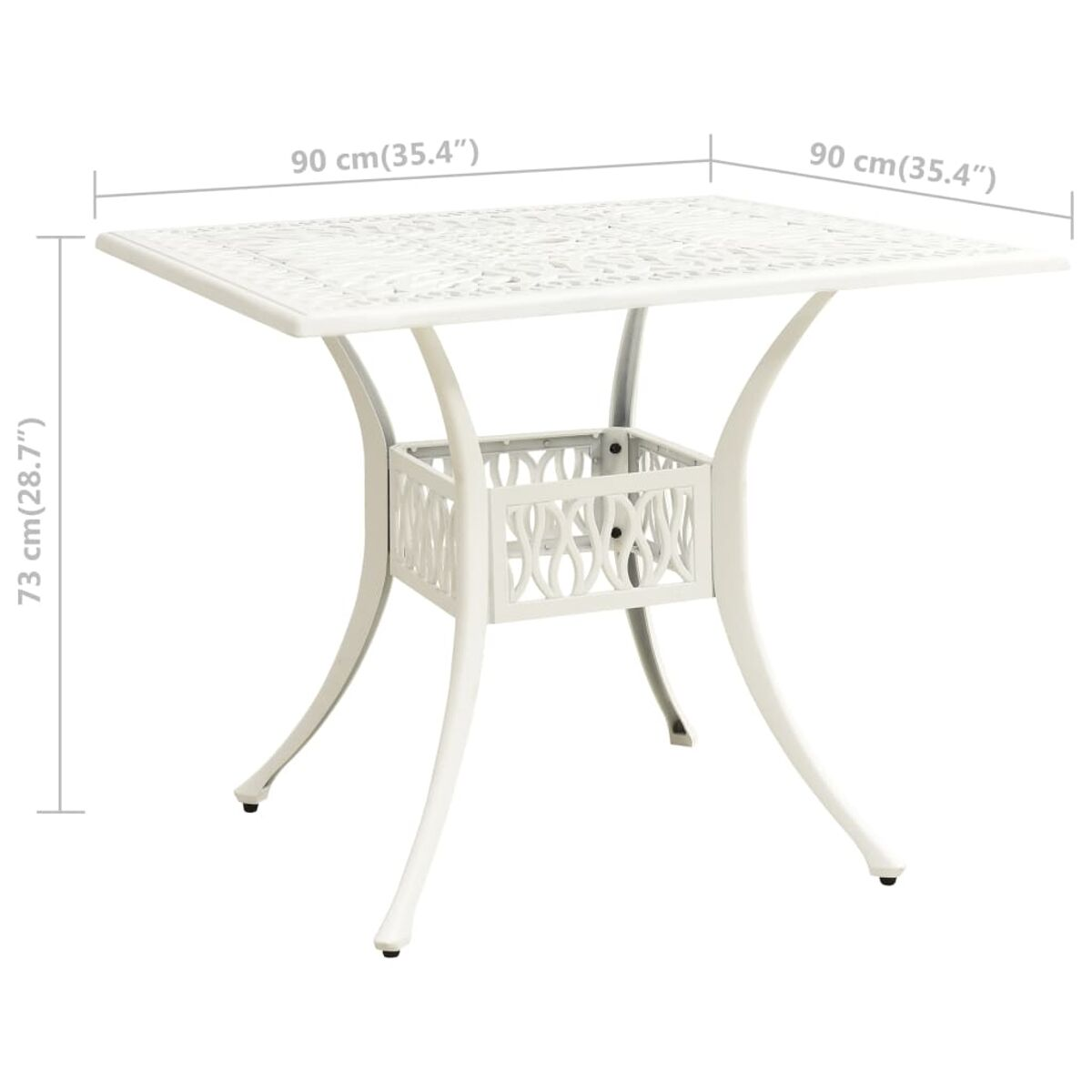 Quadratischer weißer Metalltisch mit dekorativer Oberfläche und geschwungenen Beinen. Maße angegeben.