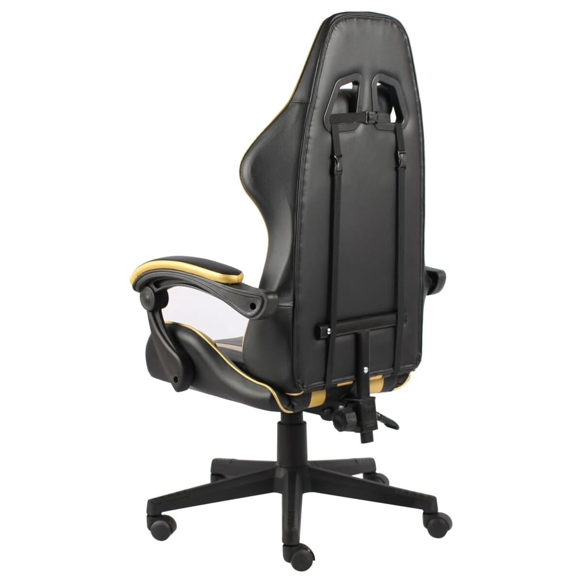 Gaming-Stuhl, Rückansicht, schwarz und gold, mit Gurten.