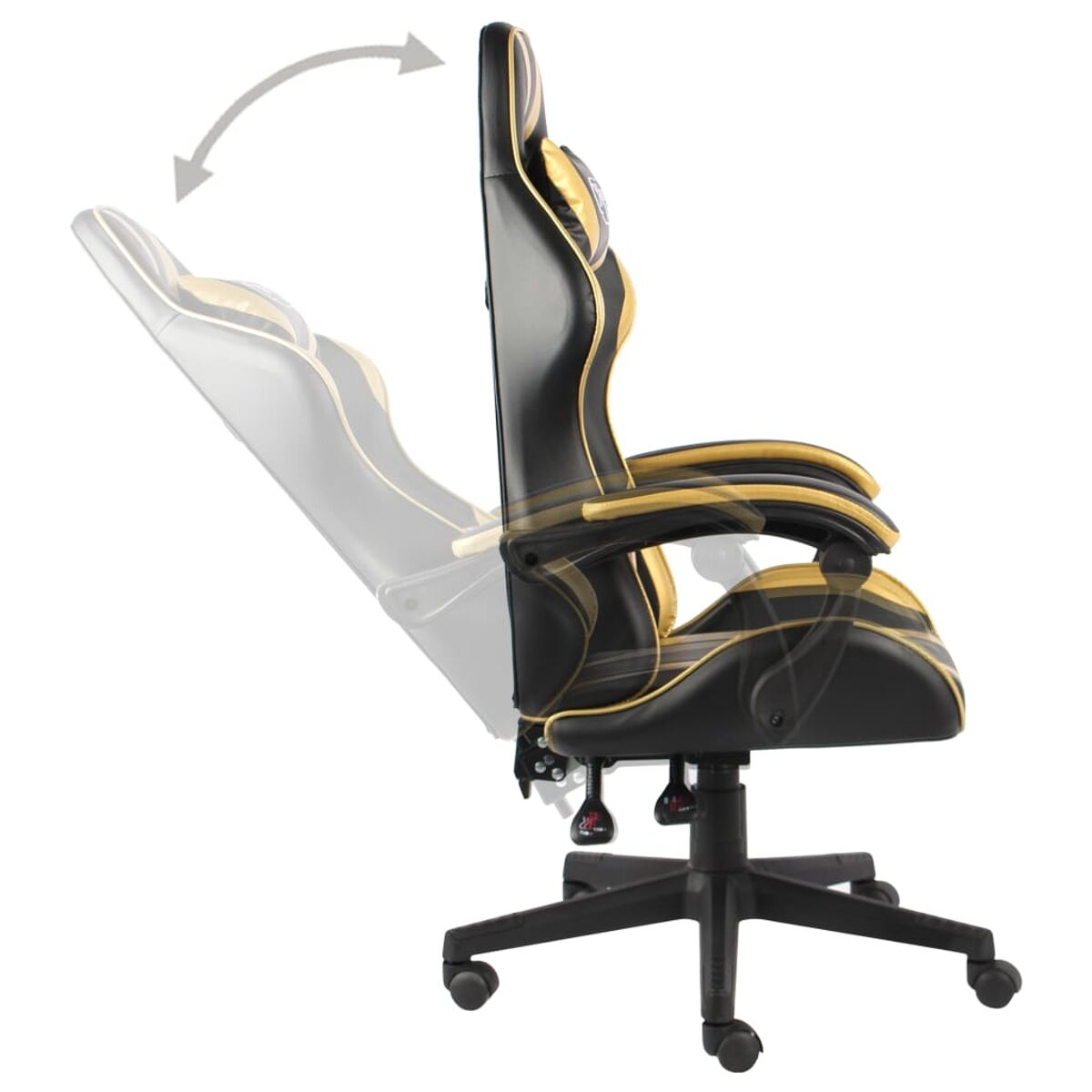 Ein schwarz-goldener Gaming-Stuhl, nach hinten abgewinkelt, zeigt die Verstellung.