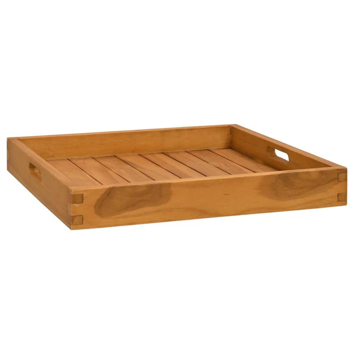 Ein hölzernes Serviertablett mit Griffen und rechteckiger Form.