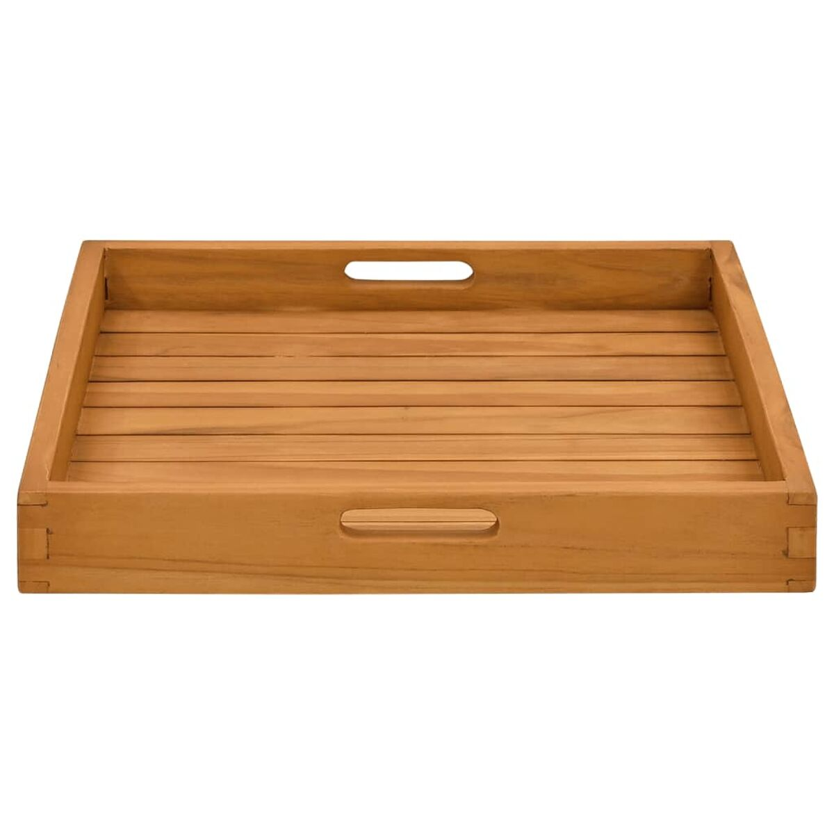 Holzserviertablett mit Griffen. Braune Farbe, rechteckige Form, mit Holzlatten.