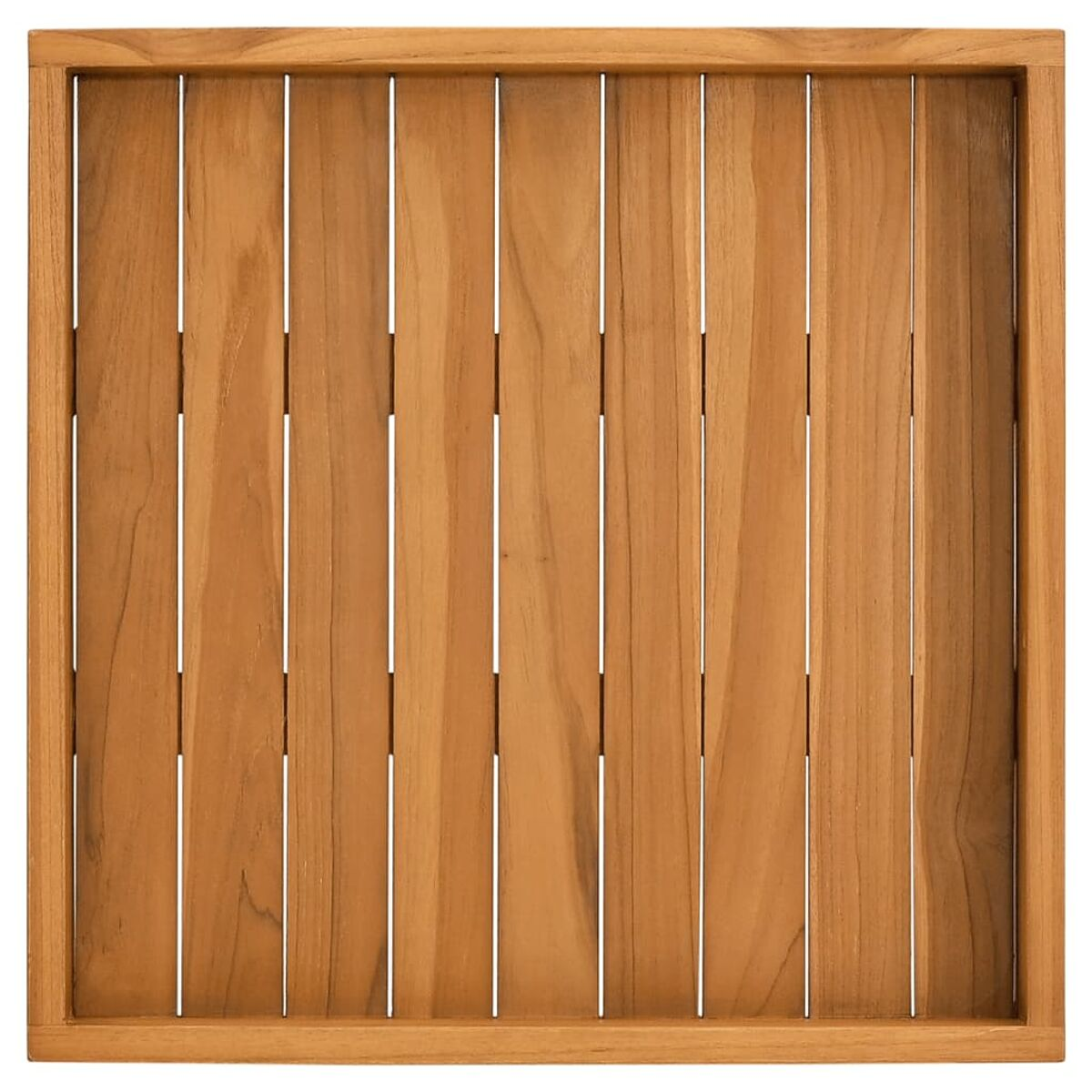 Quadratische Tischplatte aus Holz mit vertikalen Holzplanken. Hellbraune Farbe, schlichtes Design.