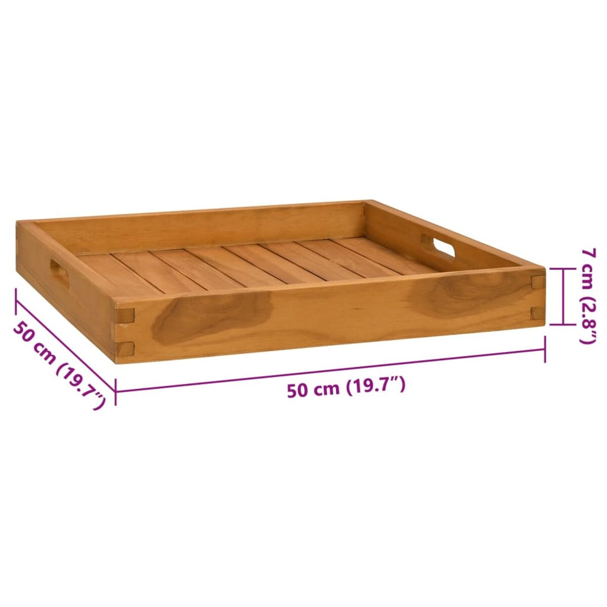Holztablett mit Abmessungen. Hat Griffe und Lamellen. Hellbraune Farbe. Weißer Hintergrund.