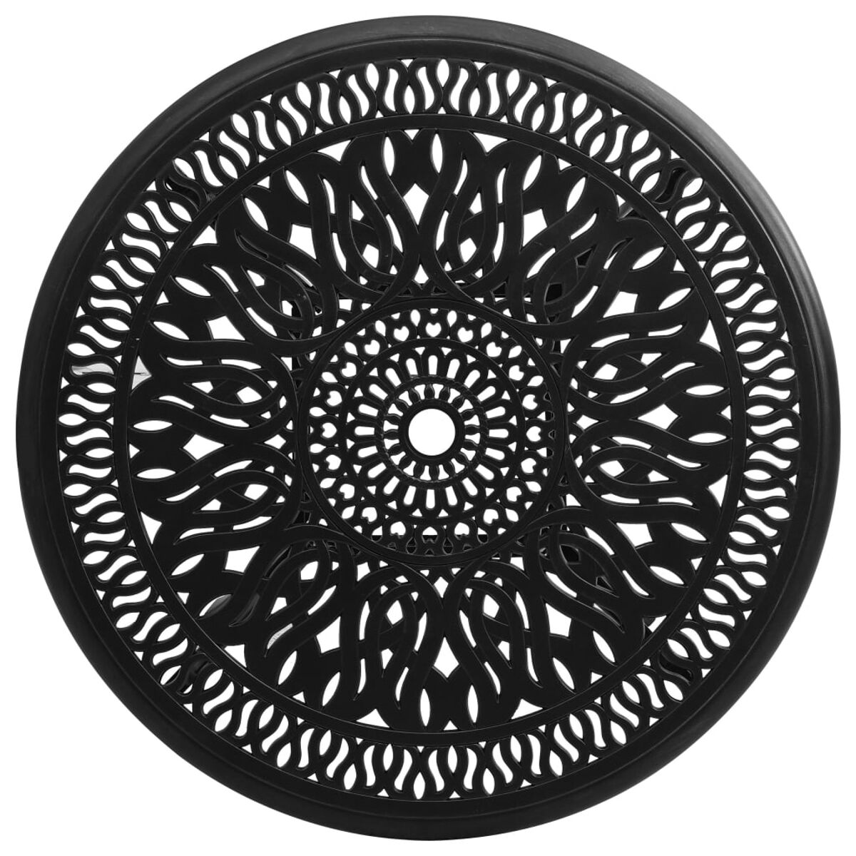 Schwarzer runder Tisch mit dekorativem, durchbrochenem Design. Weißer Hintergrund.
