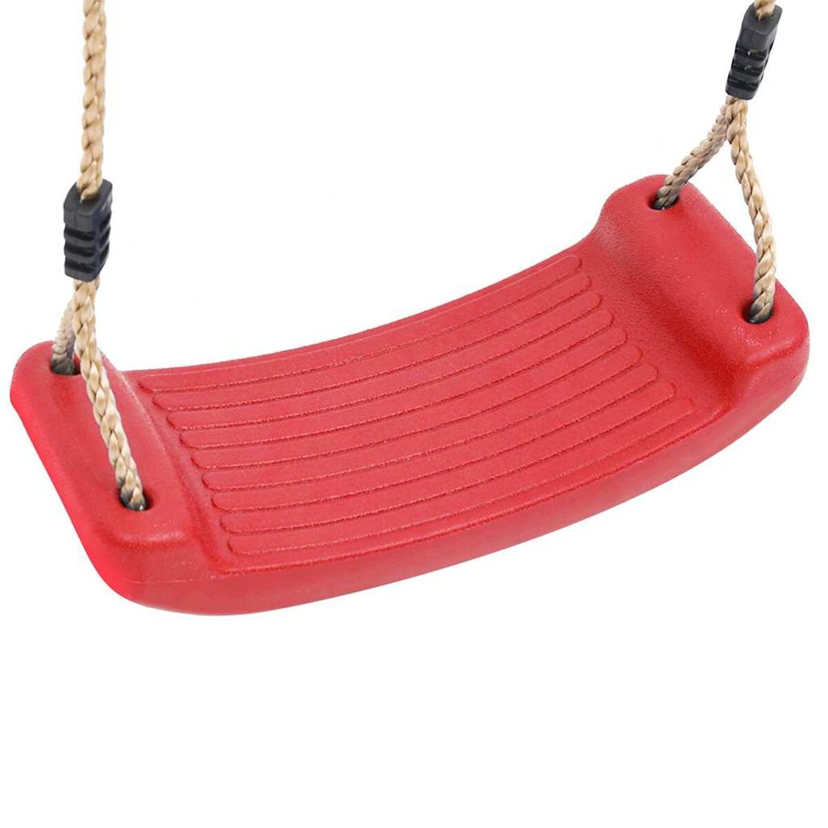 Un seggiolino da altalena in plastica rossa con corde è mostrato su sfondo bianco.