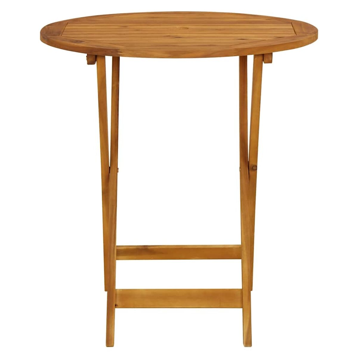 Ein runder Holztisch mit einer Lattenoberfläche. Der Tisch hat zwei Beine und ist zusammengeklappt.