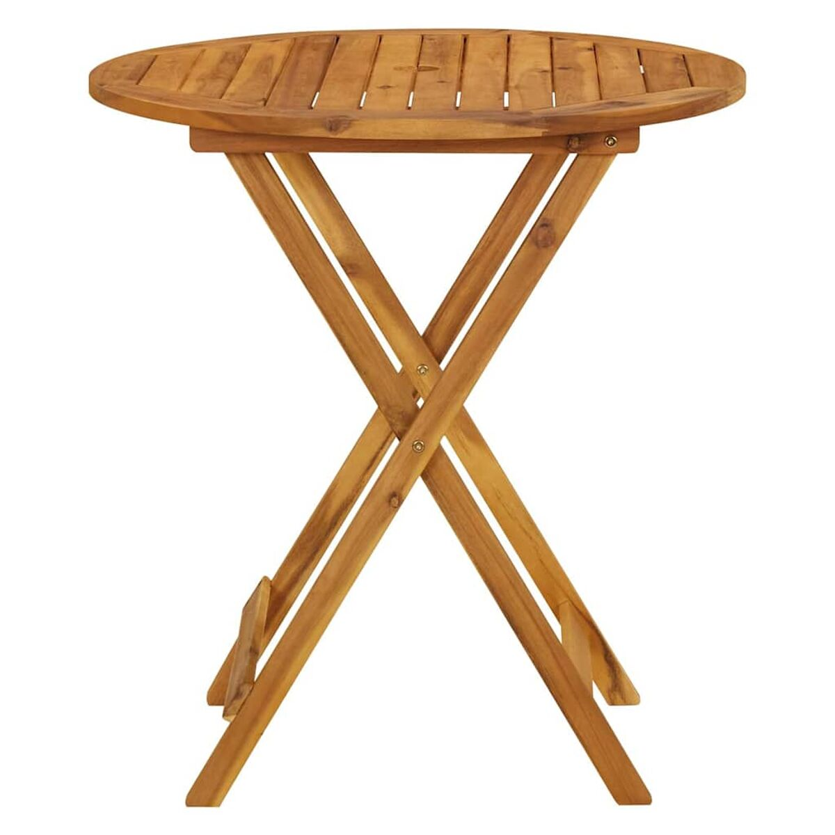 Klapptisch aus Holz, runde Tischplatte, gekreuzte Beine und Holzstruktur.