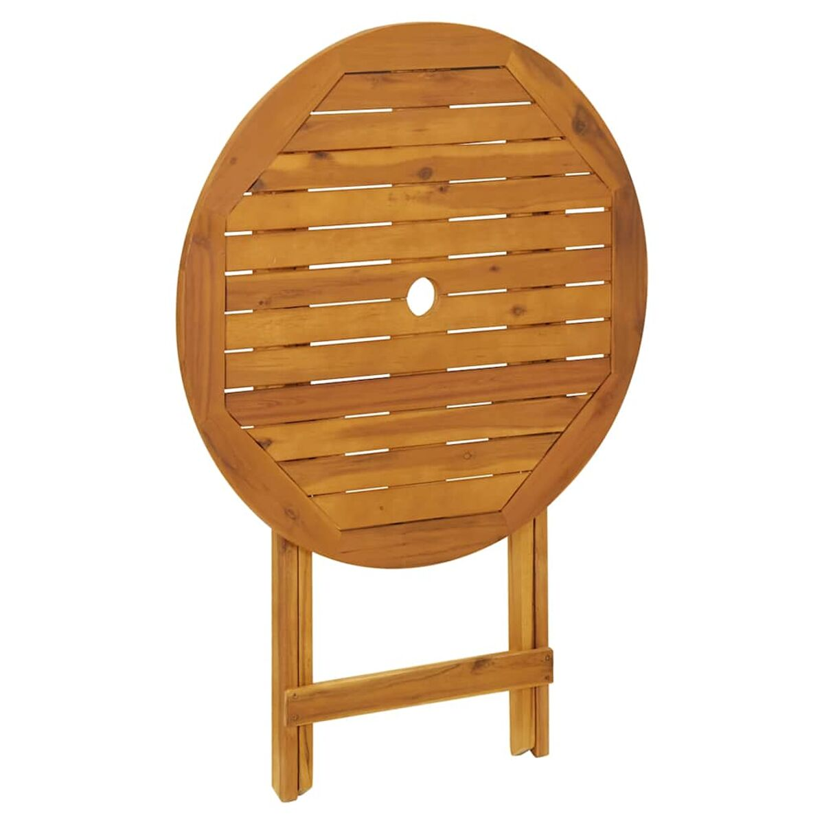 Klapptisch aus Holz mit runder Platte. Die Platte hat horizontale Lamellen.