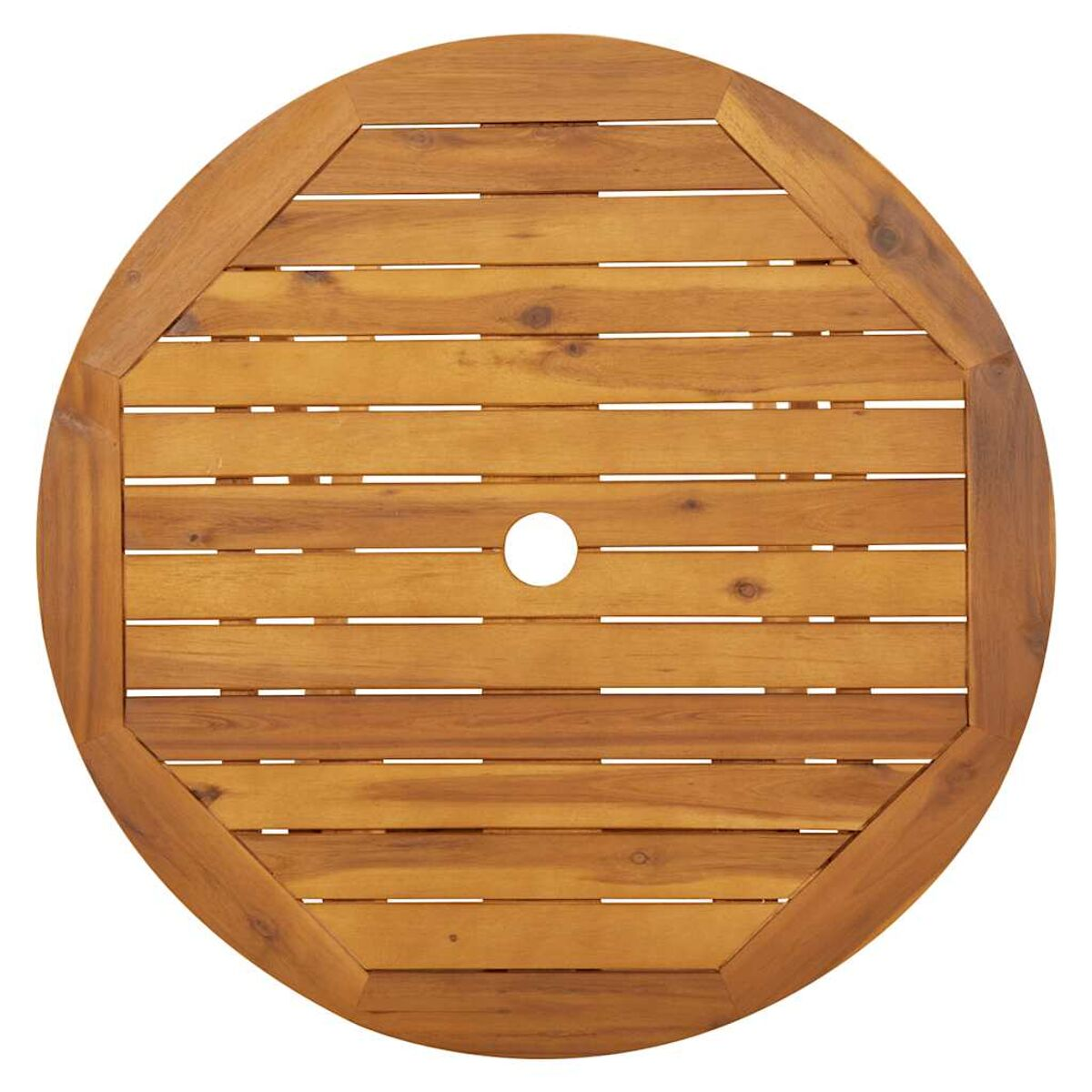 Runde Tischplatte aus Holz mit Loch in der Mitte, Draufsicht.