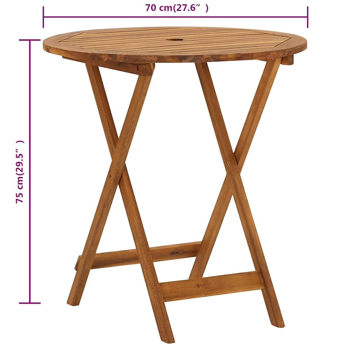 Runder Klapptisch aus Holz mit Maßen. Braunes Holz, kreuzbeiniges Gestell und runde Tischplatte.