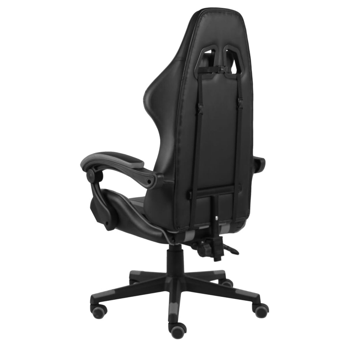 Schwarzer Gaming-Stuhl mit hohem Rücken, Rädern und Sternfuß.