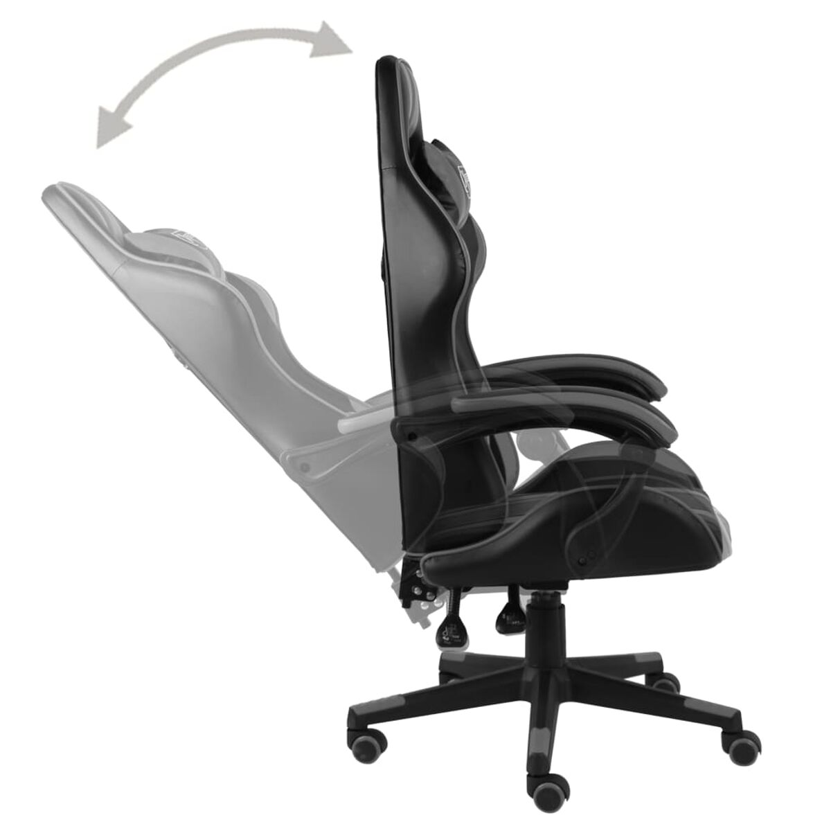 Schwarzer Gaming-Stuhl mit verstellbarem Rücken, mit und ohne Neigung gezeigt.