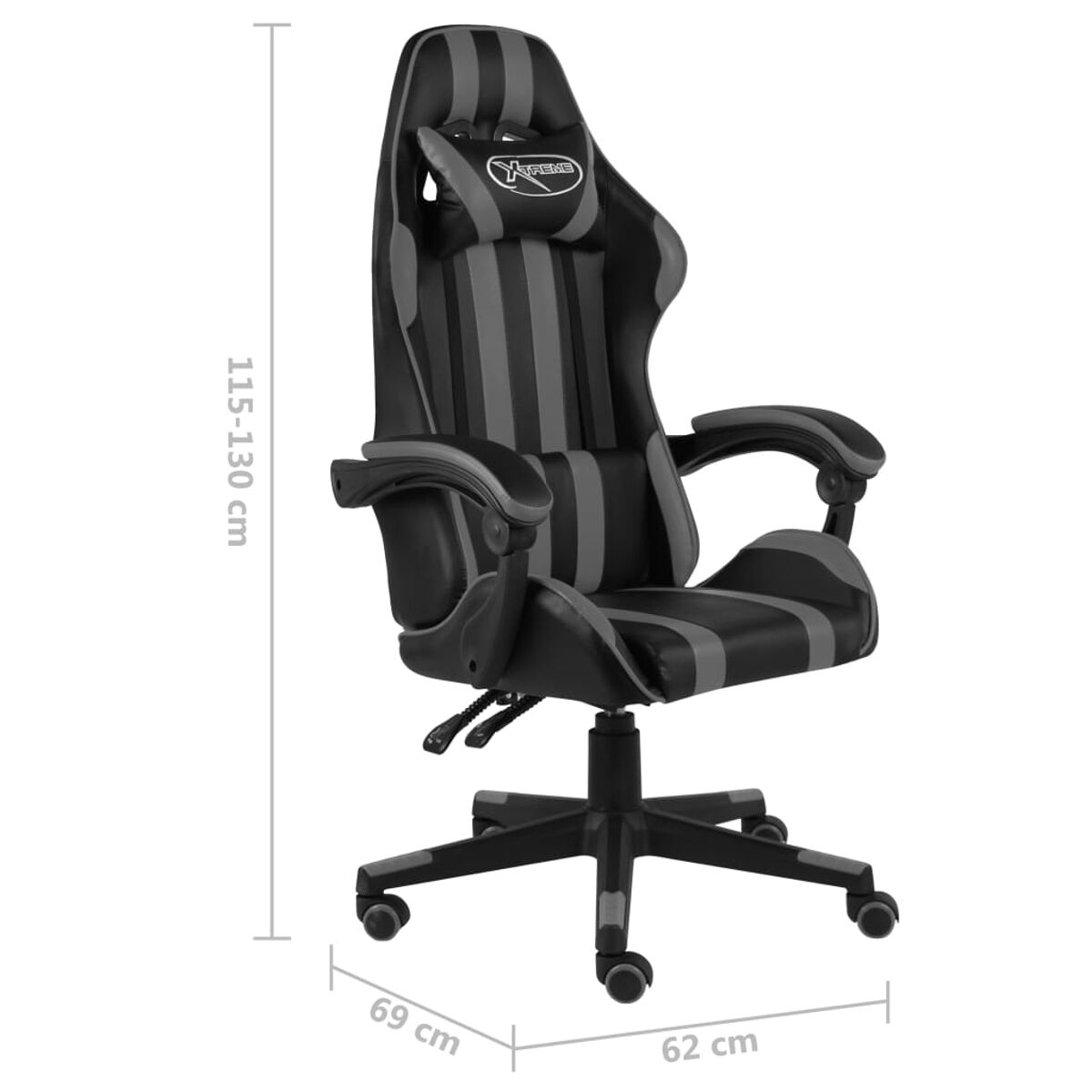 Schwarzer und grauer Gaming-Stuhl. Er hat eine Kopfstütze, Armlehnen und Rollen. Abmessungen sind angegeben.
