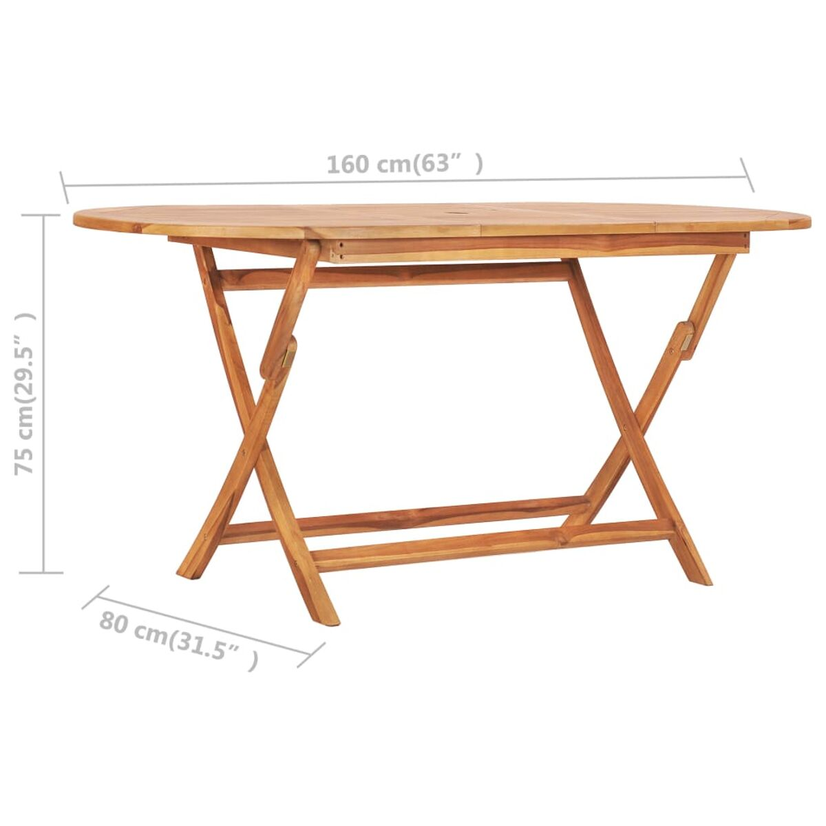 Ein achteckiger, klappbarer Holztisch mit den Maßen 160 cm, 75 cm hoch und 80 cm breit.