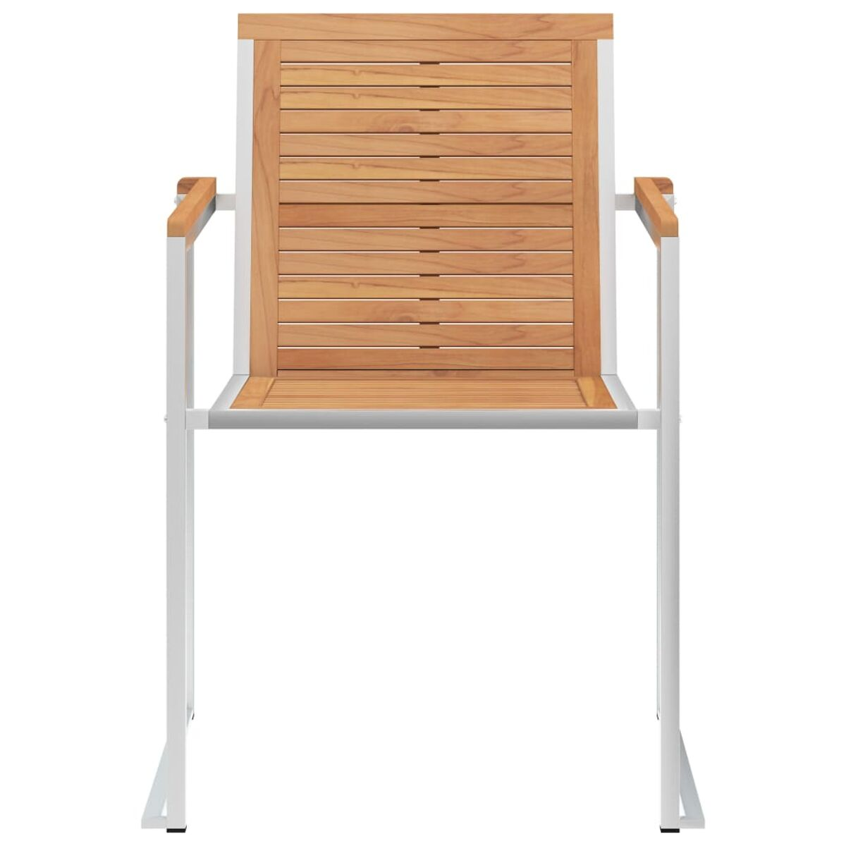 Holzstuhl mit weißen Metallbeinen. Der Stuhl hat eine Lattenlehne und -sitz.