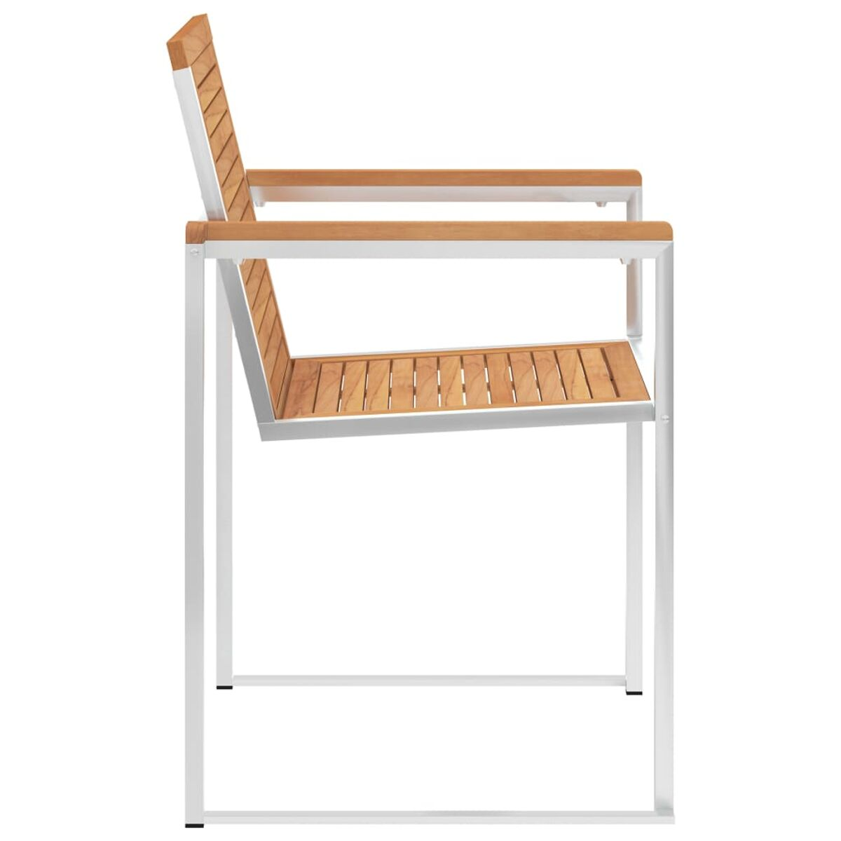 Seitenansicht eines modernen Outdoor-Stuhls mit Holzlatten und weißem Metallrahmen.