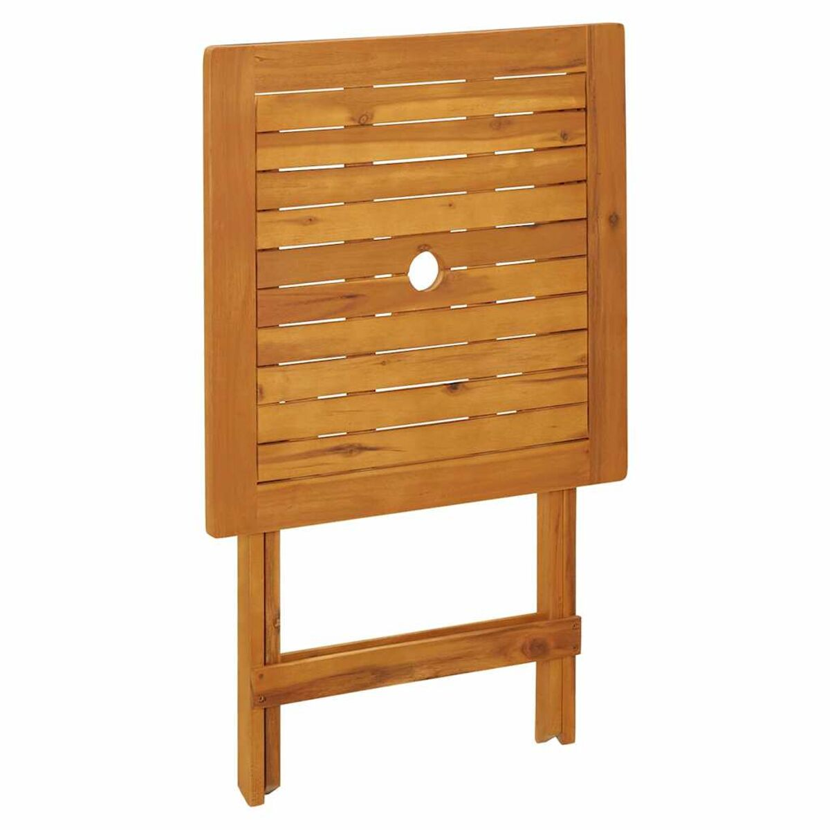 Holz-Klapptisch mit Lamellen und Loch, Beine ausgeklappt.