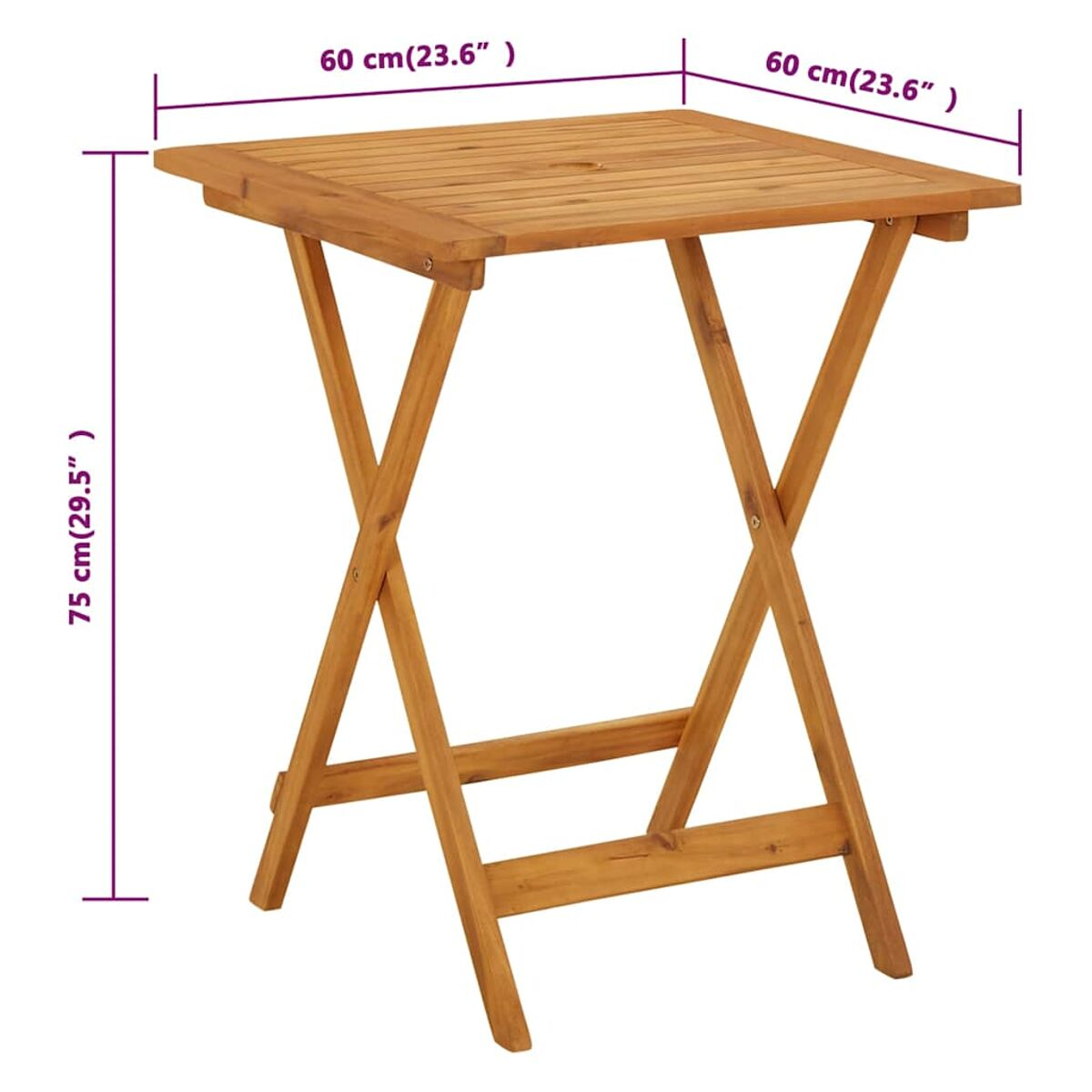 Klapptisch aus Holz mit Abmessungen. Hellbraunes Holz. X-förmige Beine.