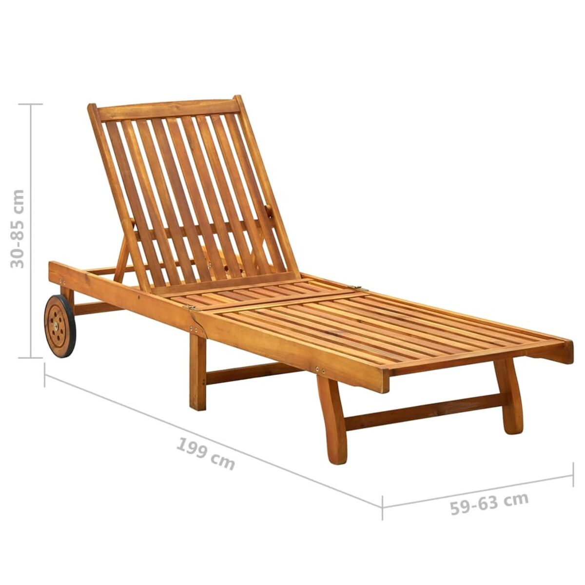 Sonnenliege aus Holz mit verstellbarer Rückenlehne und Rad. Abmessungen.