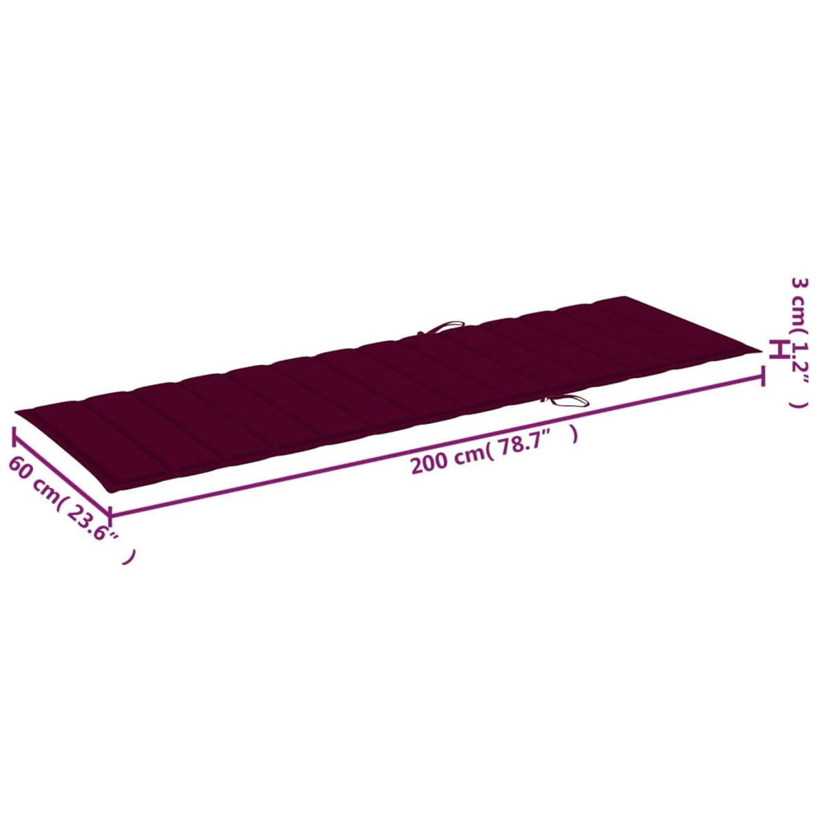 Ein langes, weinrotes Kissen, mit den Maßen: 200 cm lang, 60 cm breit und 3 cm dick.