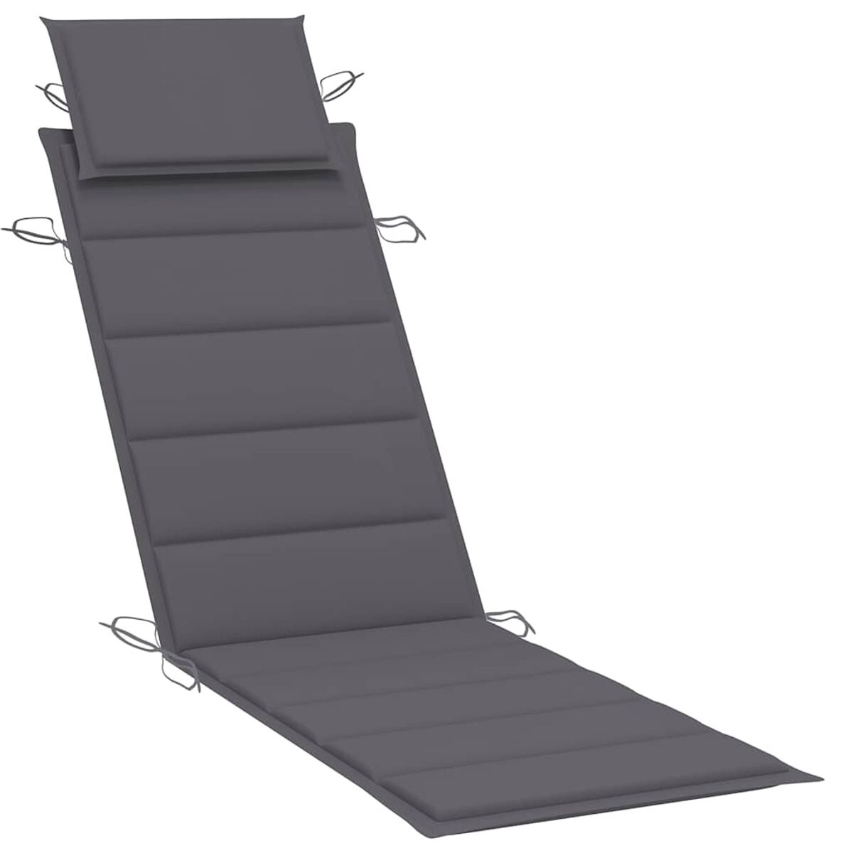 Eine grau gepolsterte Sonnenliege mit Kopfstütze, für die Entspannung im Freien konzipiert.