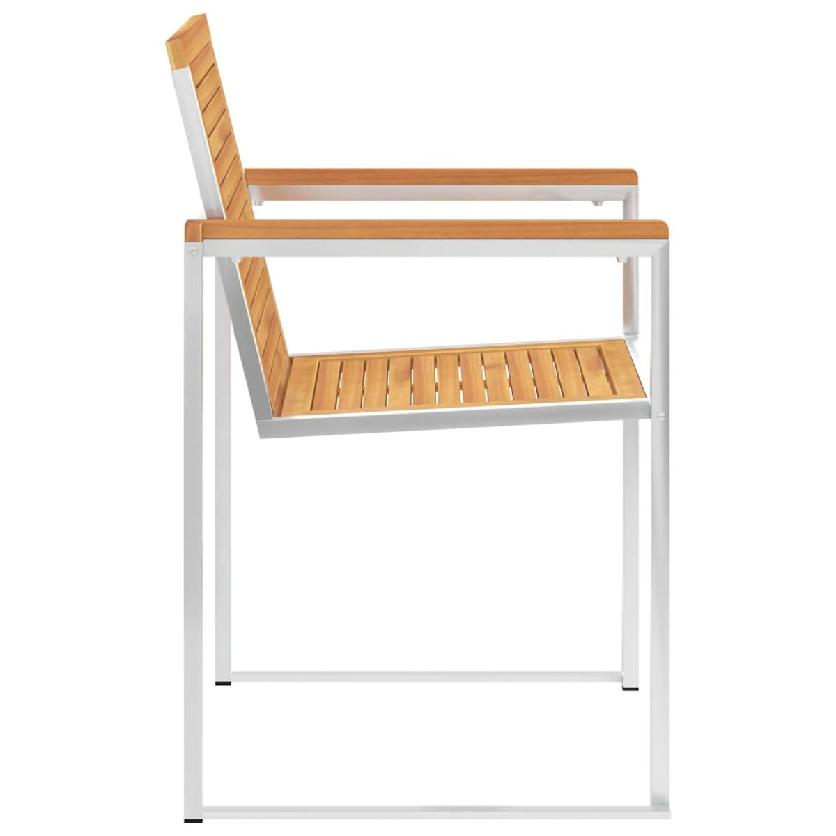Ein Stuhl mit Holz Sitz und Rücken, und einem silbernen Metallrahmen.