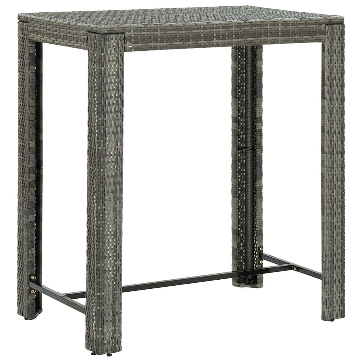 Ein grauer quadratischer Bartisch. Er hat ein gewebtes Muster und ein schwarzes Metallgestell.