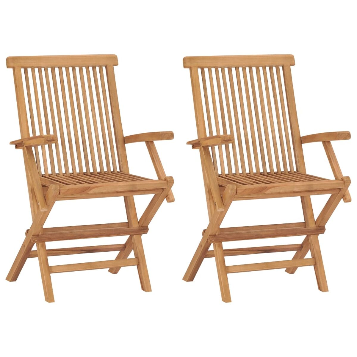 Zwei Holz-Klappstühle mit Armlehnen.