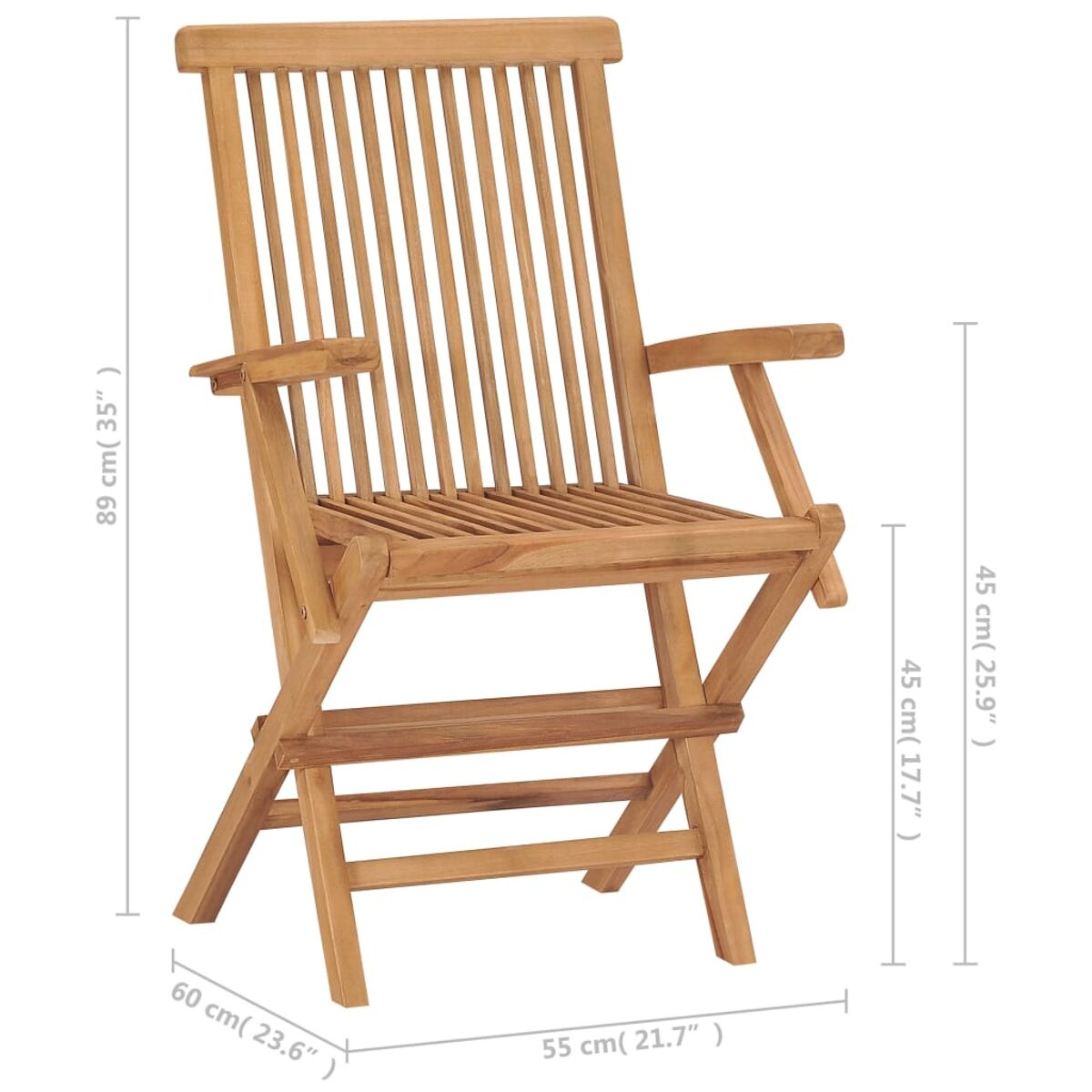 Holzstuhl mit Lattenrost und Armlehnen. Abmessungen sind angegeben. Braune Farbe.