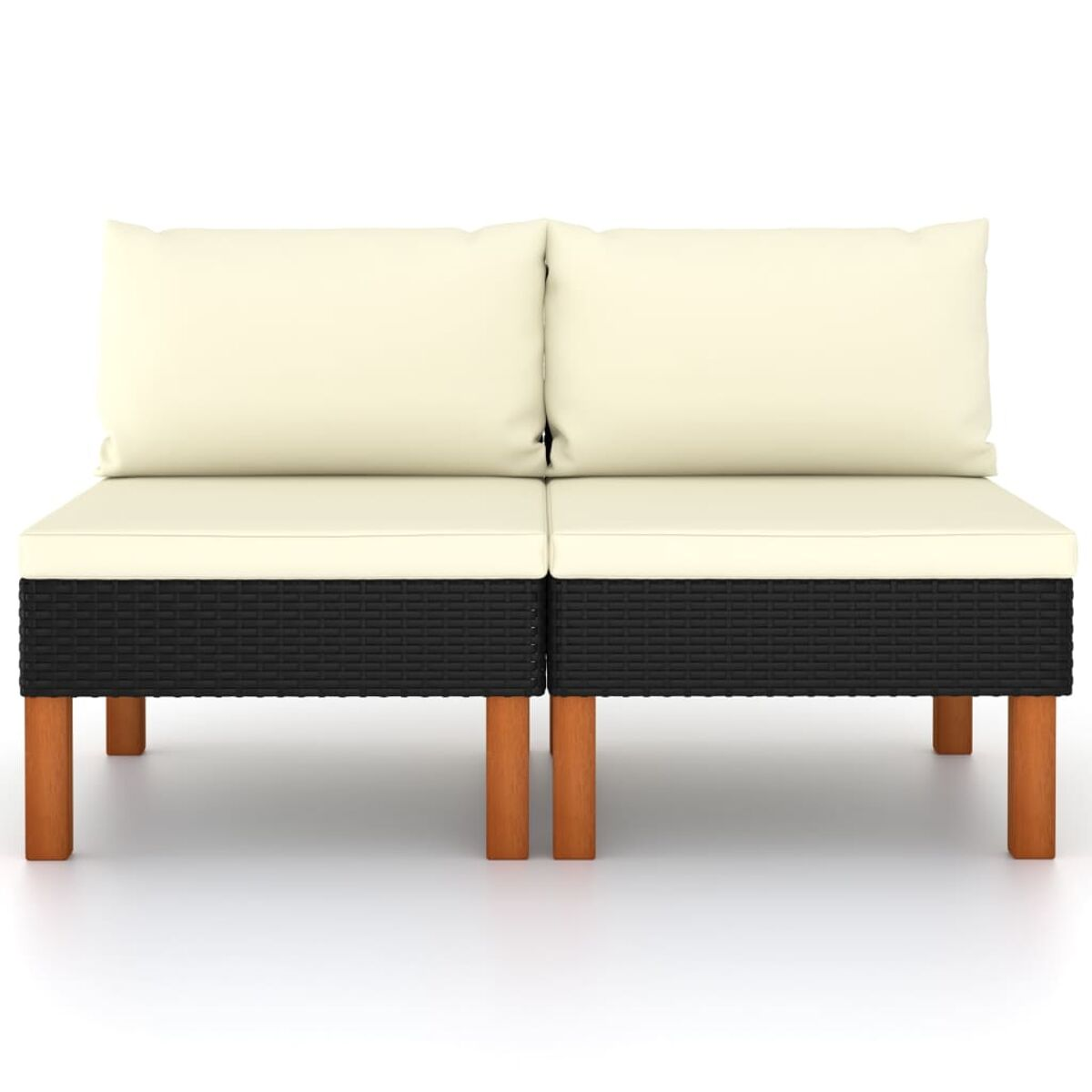 Ein Zweisitzersofa mit schwarzem Korbboden und cremefarbenen Kissen.