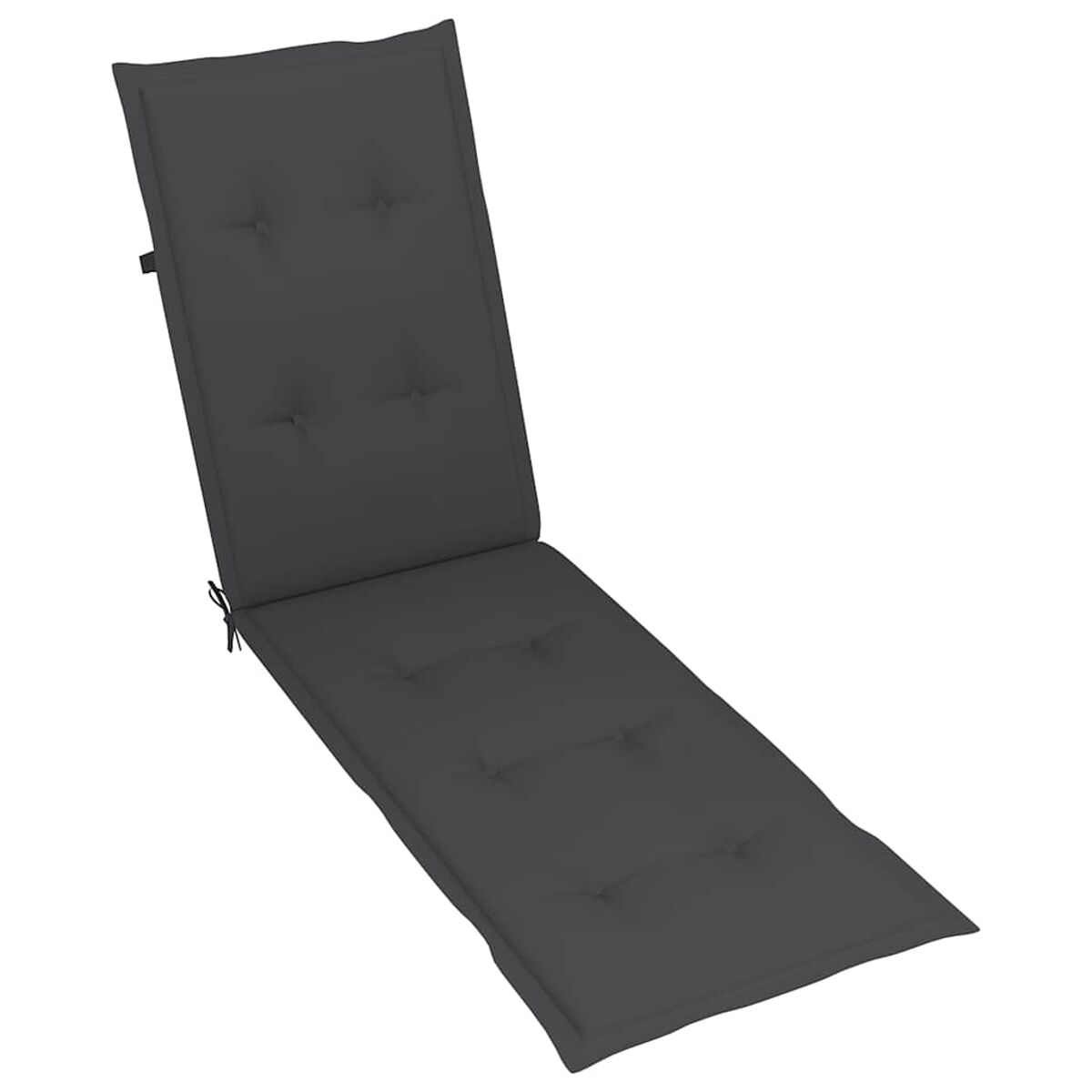 Ein dunkelgraues gepolstertes Chaiselongue-Kissen. Es hat Knöpfe und Bindebänder.