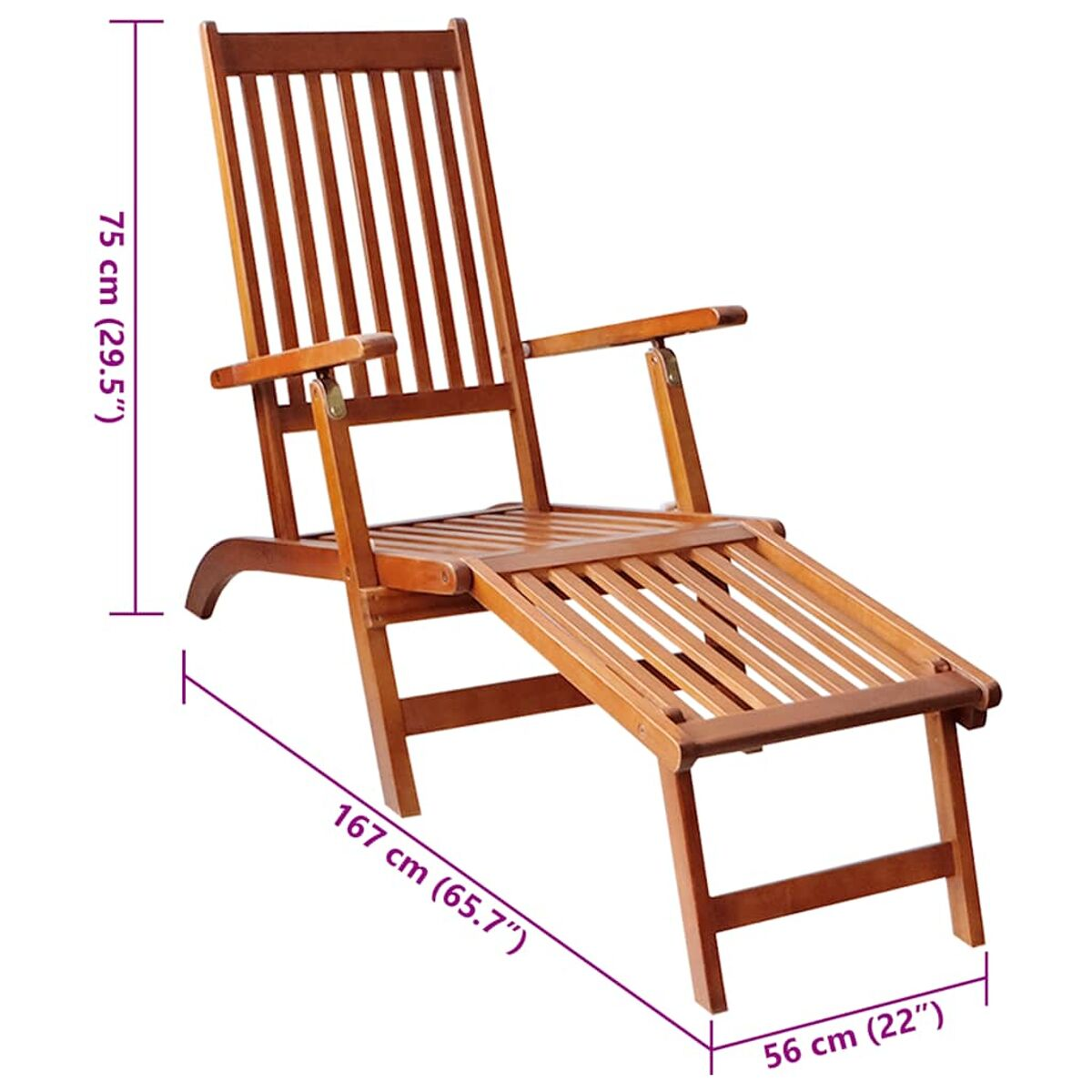 Chaiselongue aus Holz mit Abmessungen.