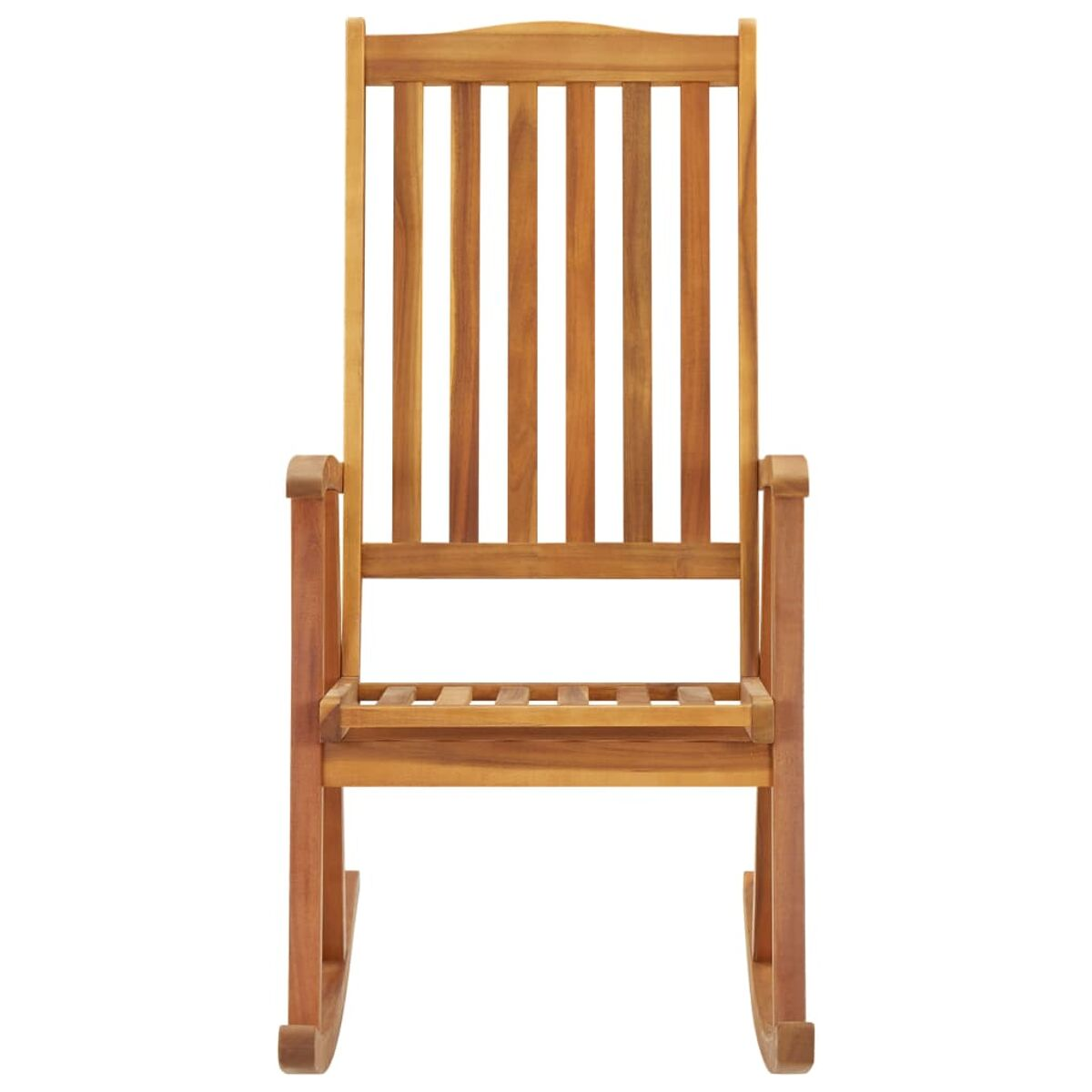 Ein brauner Schaukelstuhl aus Holz, von vorne betrachtet.